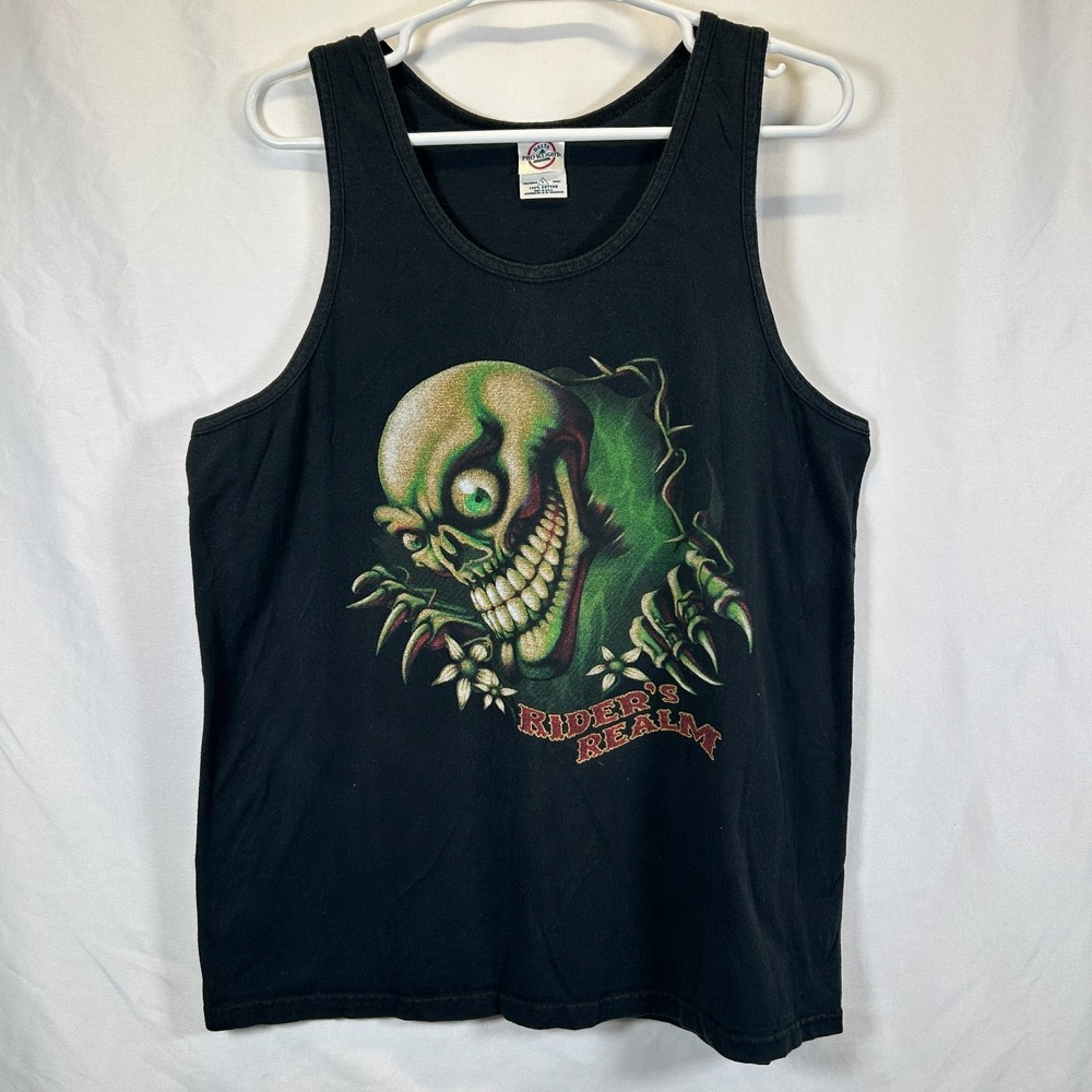 Vintage Delta Pro Black Skull Riders Real Tank Men Large Motorcycle Biker Tattoo